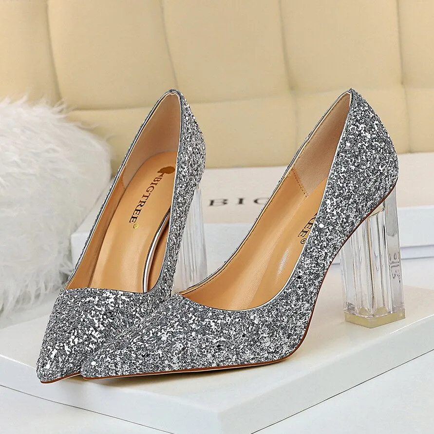 Amozae-2024 Plus Size 43 Women 10cm High Heels Lady Scarpins Gold Silver Block Clear Heels Pumps Lady Wedding Transparent Chunky Shoes