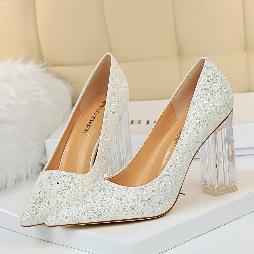 Amozae-2024 Plus Size 43 Women 10cm High Heels Lady Scarpins Gold Silver Block Clear Heels Pumps Lady Wedding Transparent Chunky Shoes