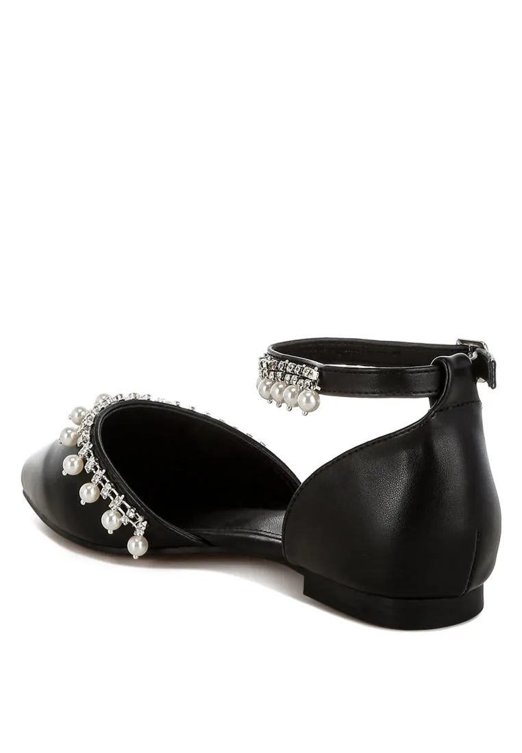 Aouva Rhinestone & Pearl Ankle Strap Flat Sandals