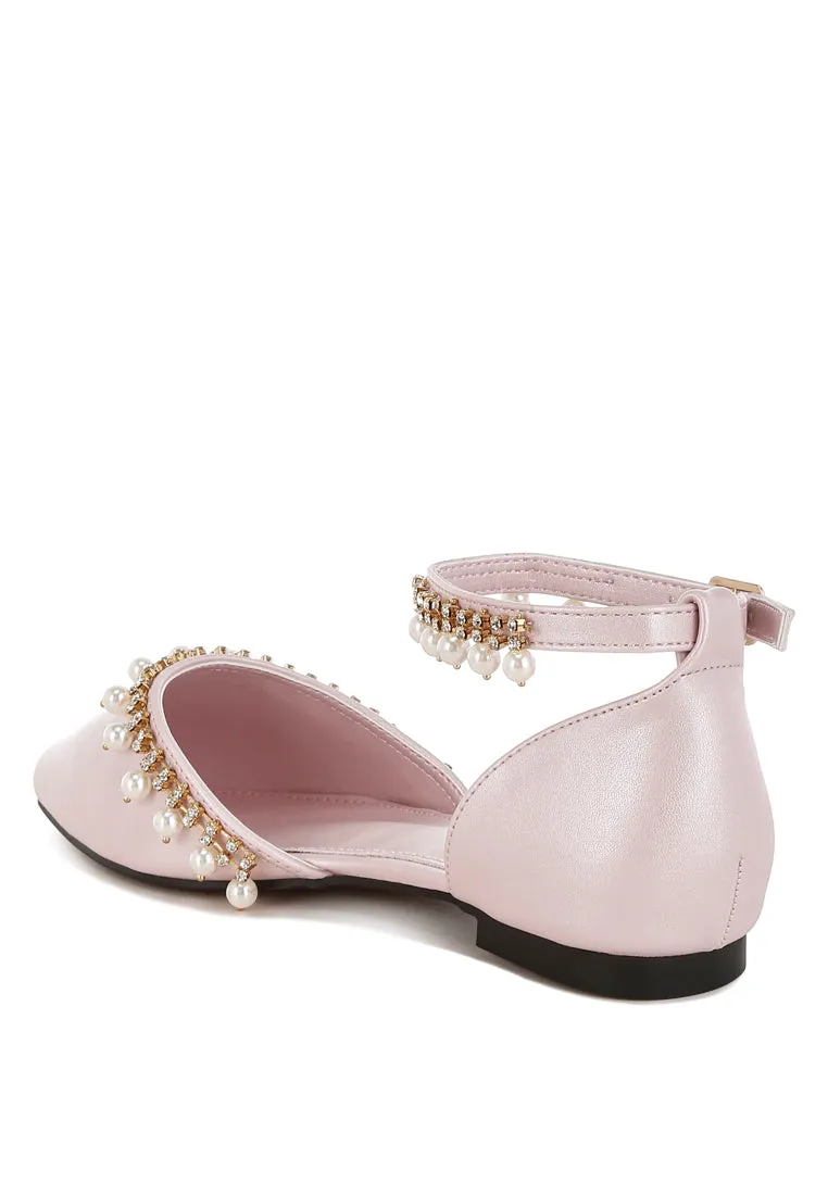 Aouva Rhinestone & Pearl Ankle Strap Flat Sandals