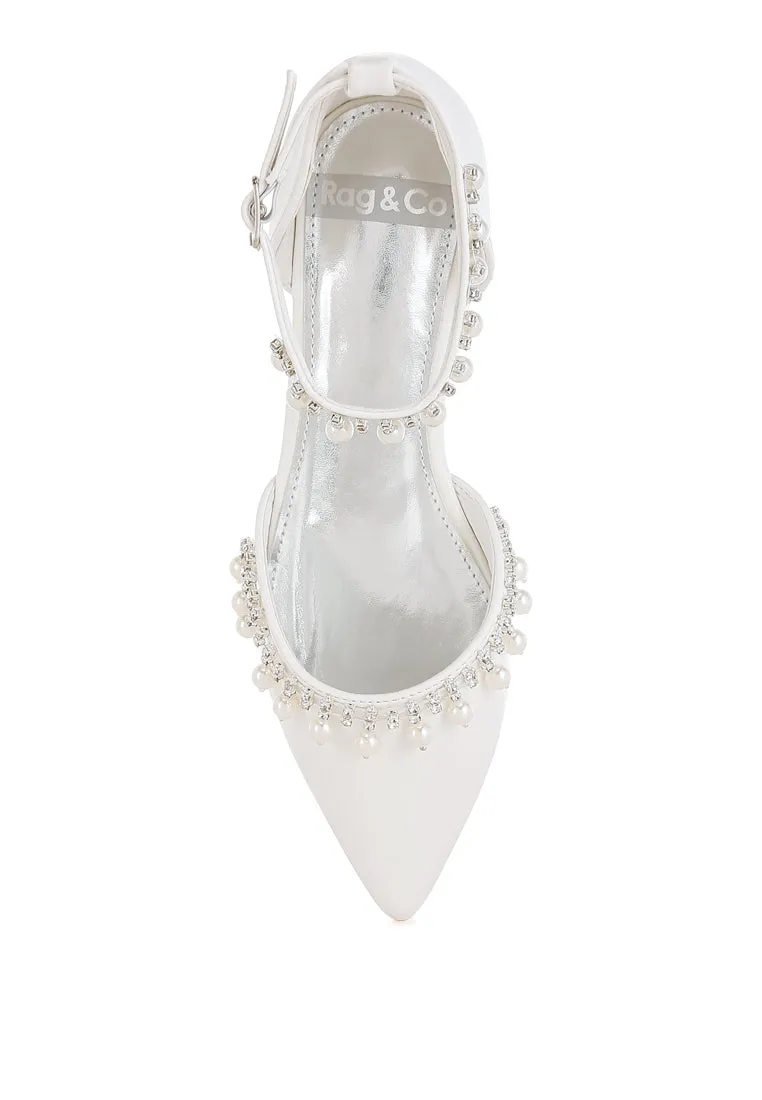 Aouva Rhinestone & Pearl Ankle Strap Flat Sandals