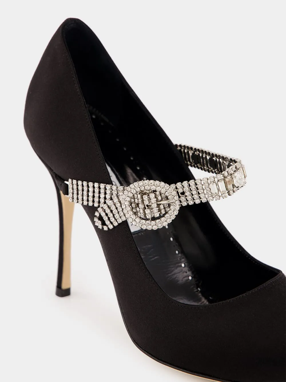 Black Satin Pumps with Crystal Strap Detail