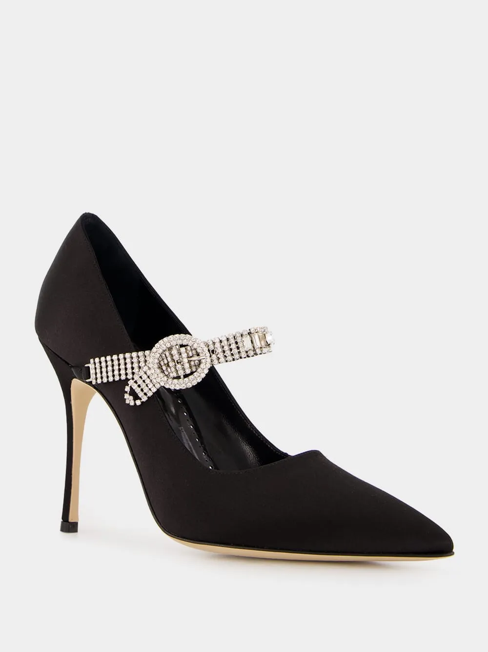 Black Satin Pumps with Crystal Strap Detail