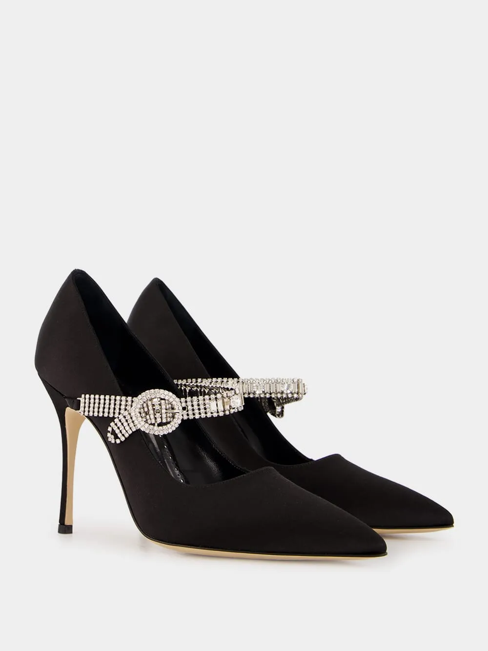 Black Satin Pumps with Crystal Strap Detail