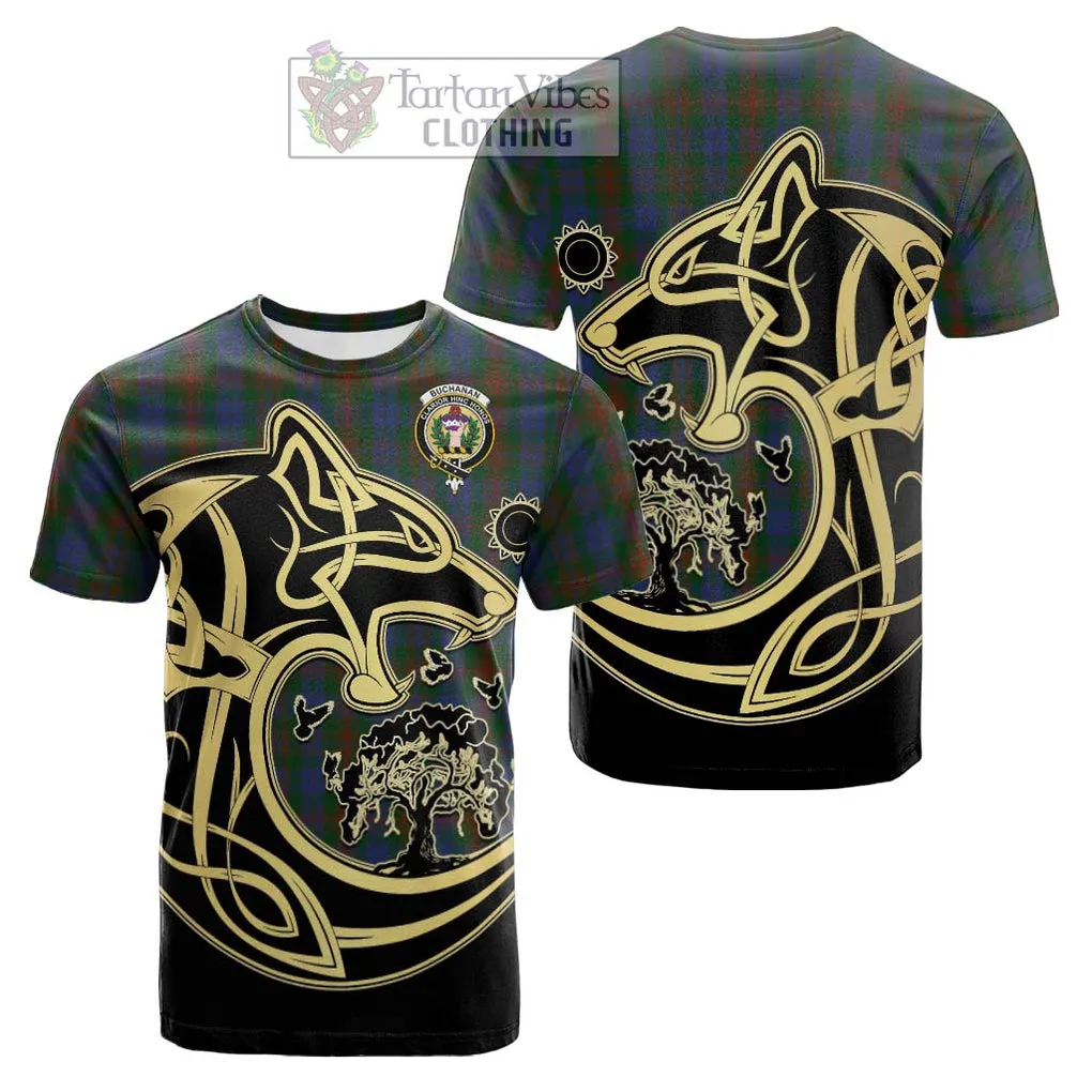 Buchanan Hunting Tartan Cotton T-shirt with Family Crest Celtic Wolf Style