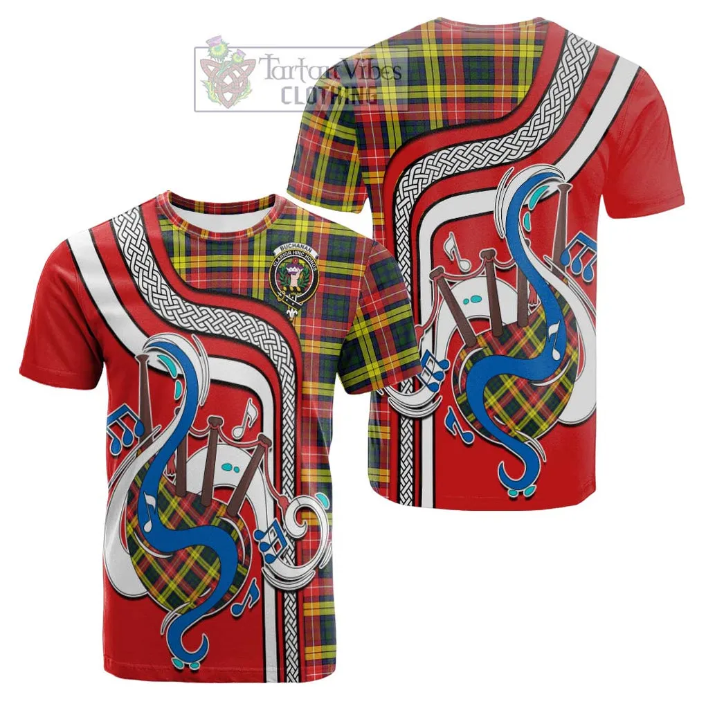 Buchanan Modern Tartan Cotton T-shirt with Epic Bagpipe Style