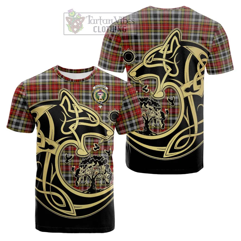 Buchanan Old Dress Tartan Cotton T-shirt with Family Crest Celtic Wolf Style