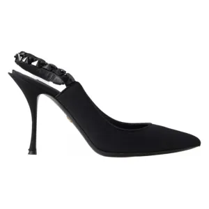 Dolce & Gabbana Black Embellished Charmeuse Slingback Heels Shoes