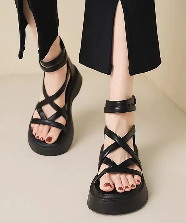 Green Sandals Platform Faux Leather Handmade Splicing Cross Strap