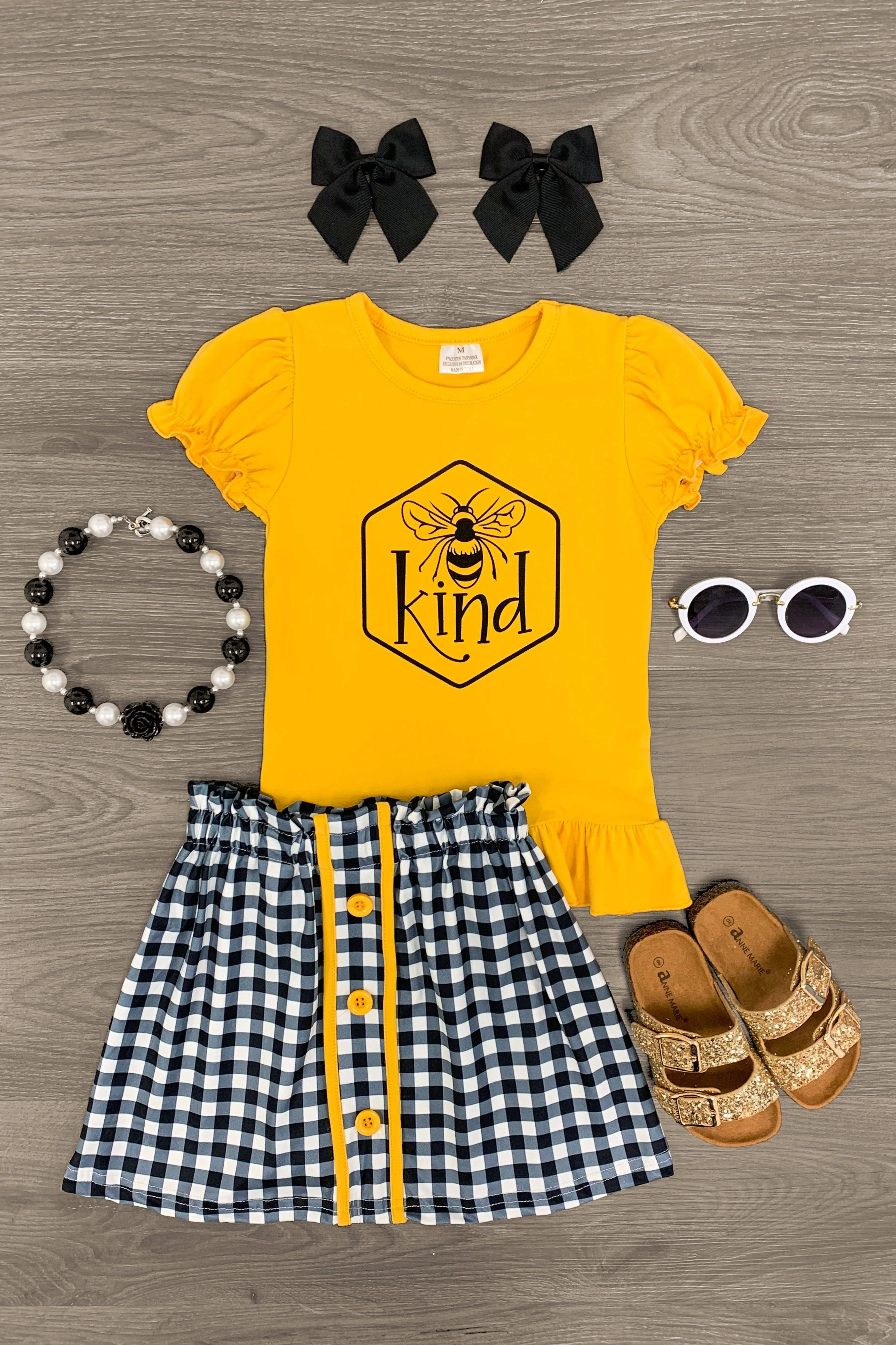 "Bee Kind" Mustard Gingham Skirt Set