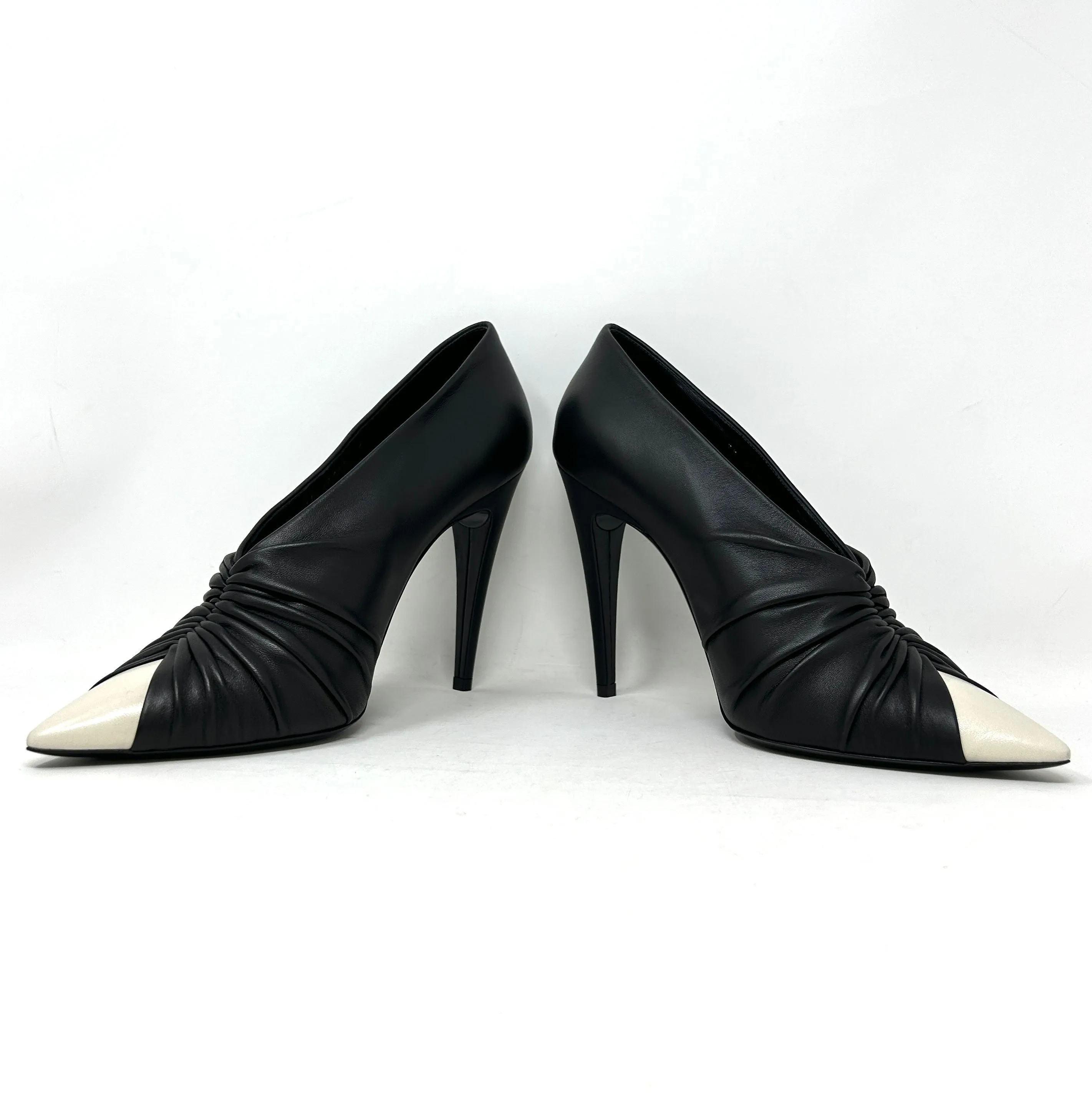 Saint Laurent Vivi 110 Black Leather White Toe Ruched Pump Heels 41.5 UK 8.5