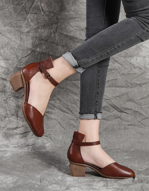 Simple Leather Buckle Middle Heel Chunky Pumps