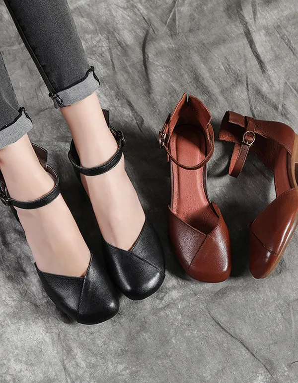 Simple Leather Buckle Middle Heel Chunky Pumps