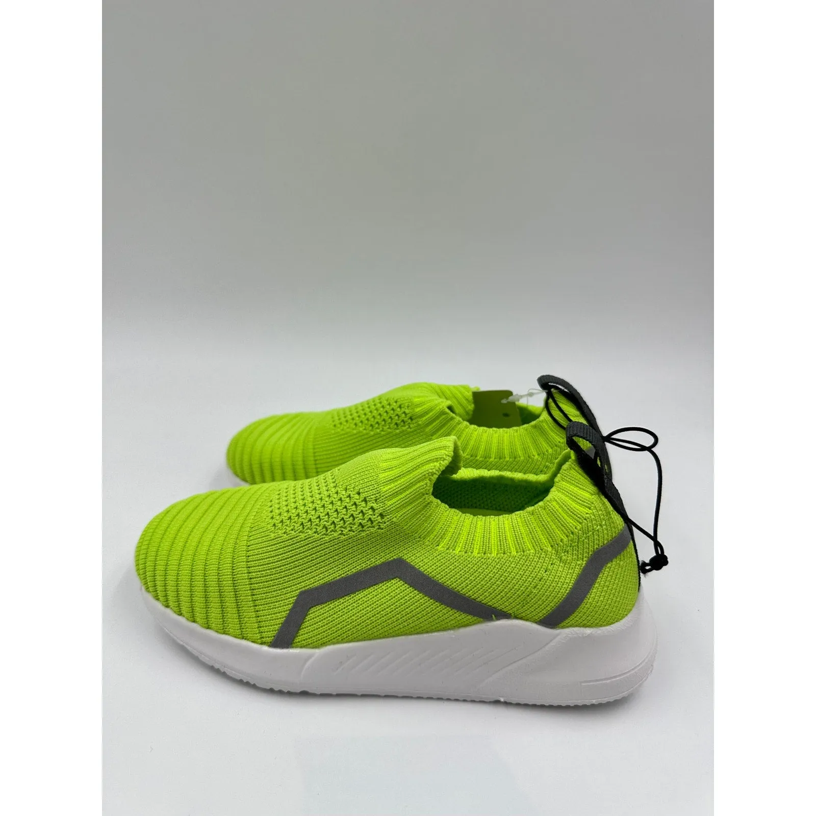 Small Kid Size 11, Neon Green Slip-on Shoes, with White Sole and Gray Accents