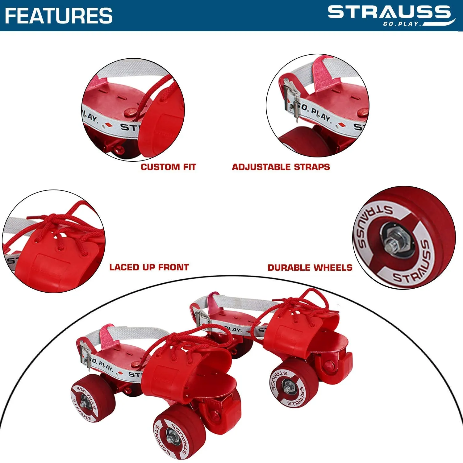 STRAUSS Senior Tenacity Roller Skates with Brakes | Roller Blades for Kids | Adjustable Shoe Size | Ideal for Indoor and Outdoor Skating | Suitable for Age Group above 9 Years, (Red)