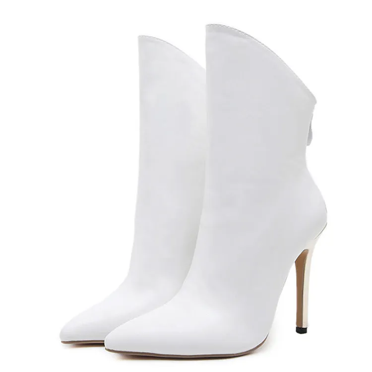 Trendy White Ankle Boots With Buckle Zipper Thin Metal Heels